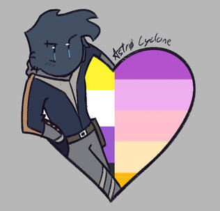 Dark character with a heart of the non-binary flag and trixic flag