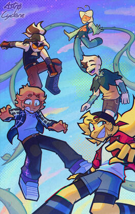 Five characters falling from the sky