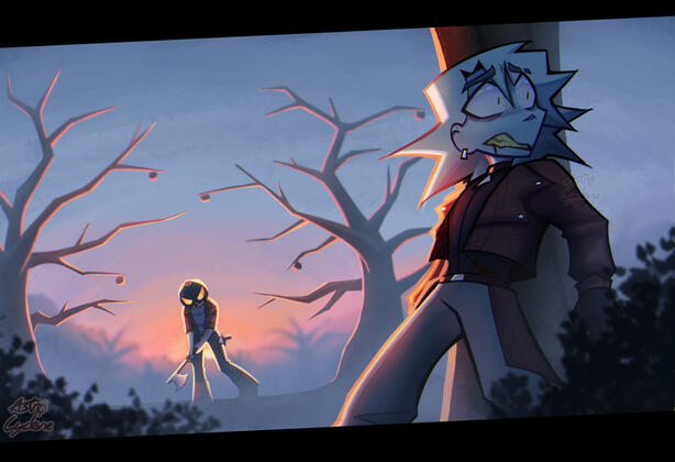 Blue guy, Slasher, hides behind a tree from a killer lumberjack with a pumpkin head