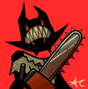 Dark cyclops with sharp teeth and a chainsaw